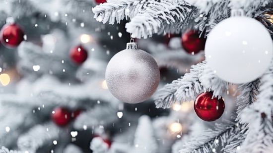 Bild mit schneebedecktem Tannenbaum an dem Weihnachtskugeln hängen